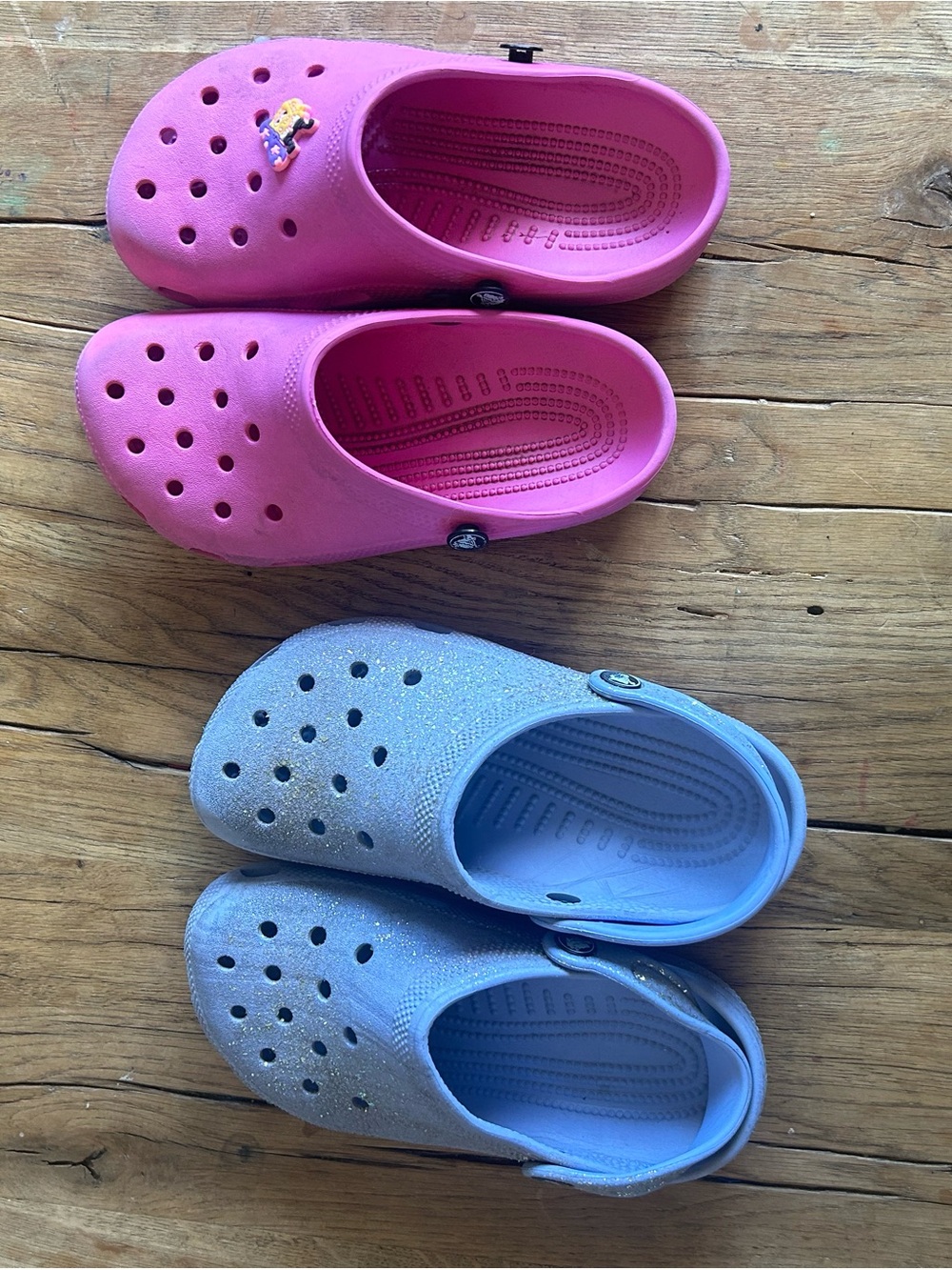 Kids Lightweight Slip-On crocs clogs - Pink and lilac purple glitter size 2